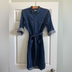J Crew size 4 stretch denim shirt dress. Button front, tie belt.